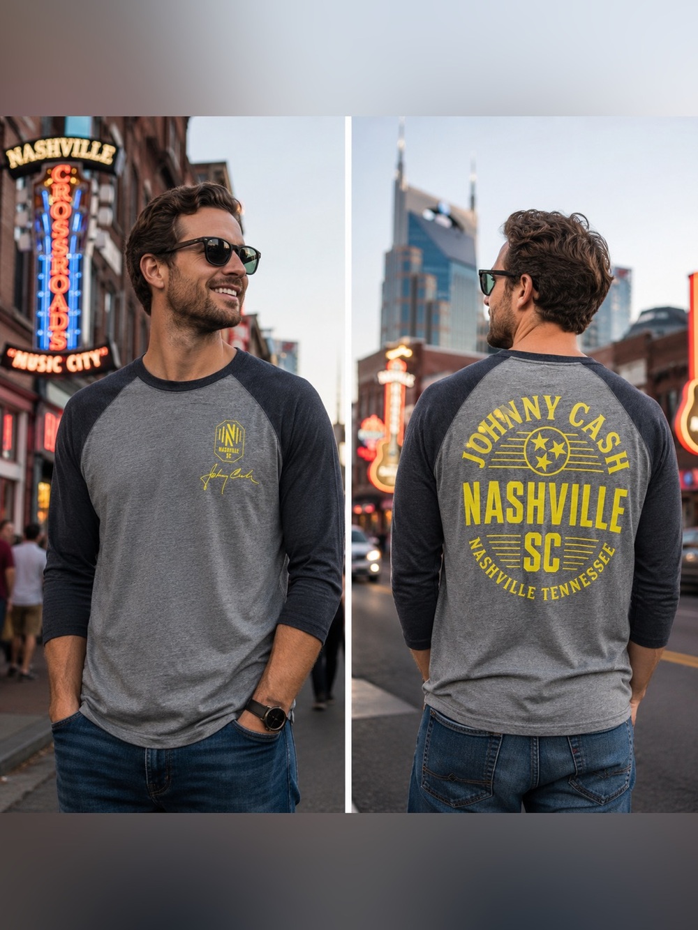 🆕 Fanatics Nashville SC x Johnny Cash Lines Tri-Blend Raglan Long Sleeve Tee NWT
